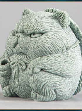 青砂石猫钓鱼茶宠鱼缸造景中式居家办公创意国潮精品动物装饰摆件