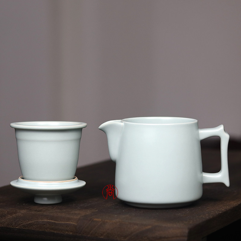 汝窑快客杯一壶四杯旅行茶具一套装泡茶杯茶水分离带过滤陶瓷杯子