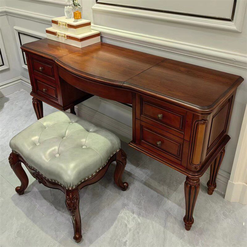 DB866美式实木梳妆台卧室化妆桌欧式复古收纳柜一体带镜子可翻盖