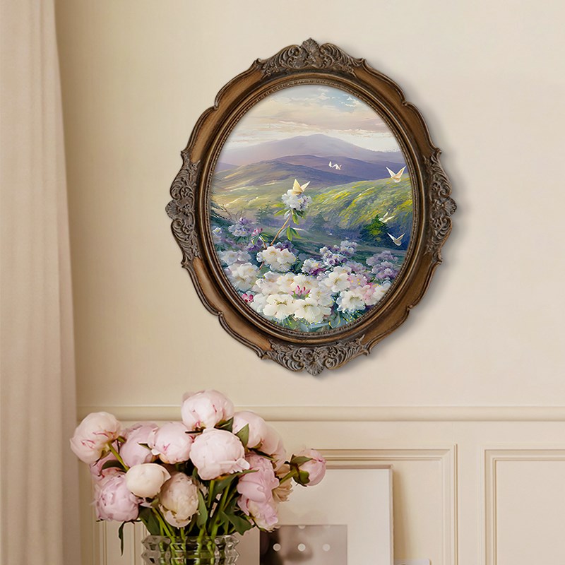 法式椭圆形装饰画客厅玄关挂画莫奈美式复古油画12寸挂墙壁画图片