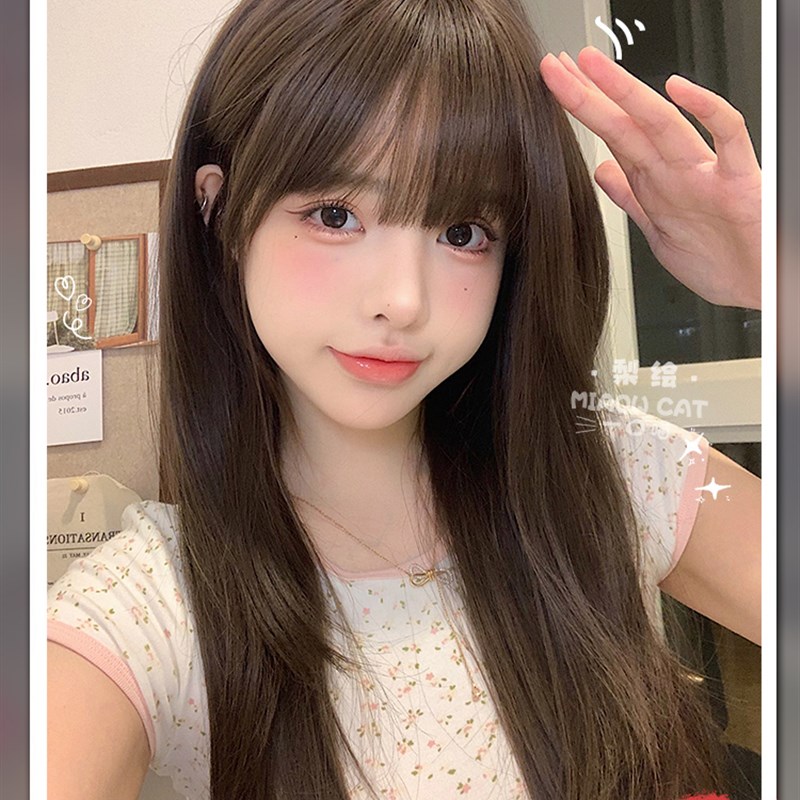 一口喵假发女网红日常长直发齐浏海夏季新款甜美可爱逼真全头套式