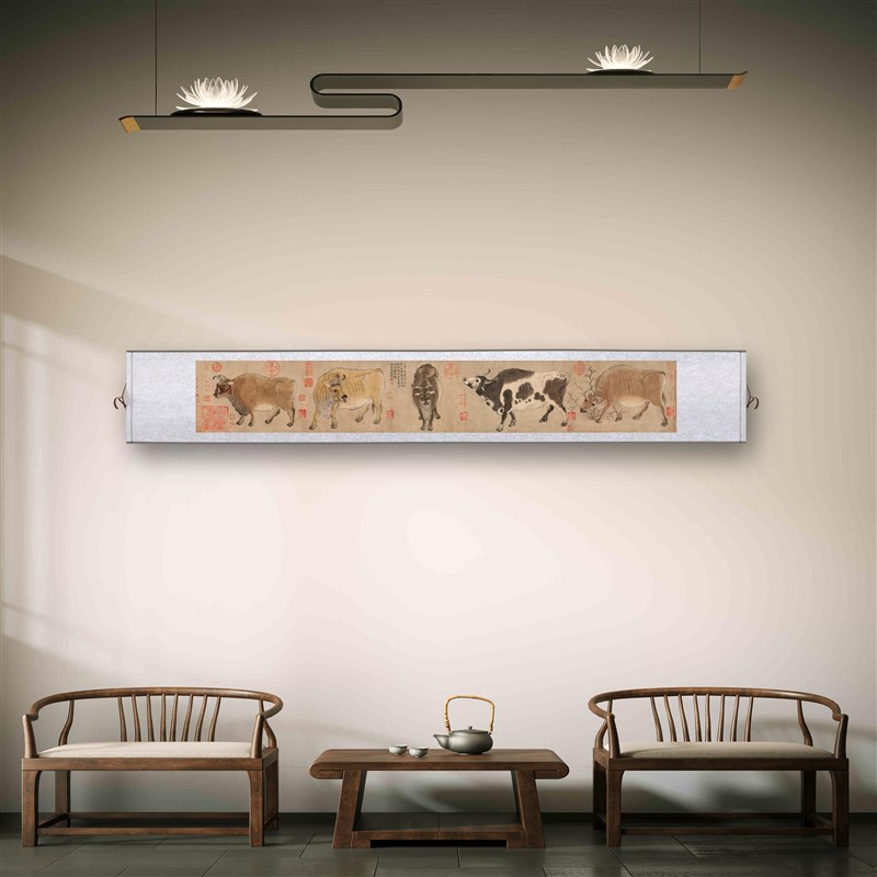 唐韩滉《五牛图》客厅挂画玄关茶室书房装饰画横版动物五牛国画