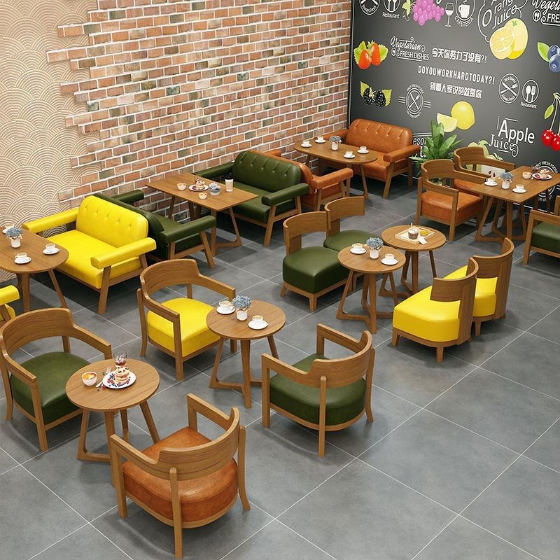 咖啡厅茶餐厅书吧休闲区沙发单人餐椅甜品冷饮奶茶店实木桌椅