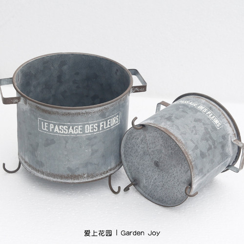 爱上花园丨铁艺做旧铁皮花桶 三足圆形铁皮花盆花盒字母FLEURS