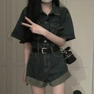 甜酷牛仔连体裤港风卷边短裤女夏季复古收腰显瘦阔腿裤连衣裤套装