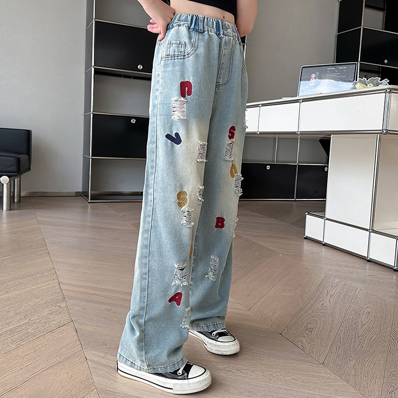 女童裤子夏季薄款2024新款夏装中大童时尚洋气破洞窄版儿童牛仔裤