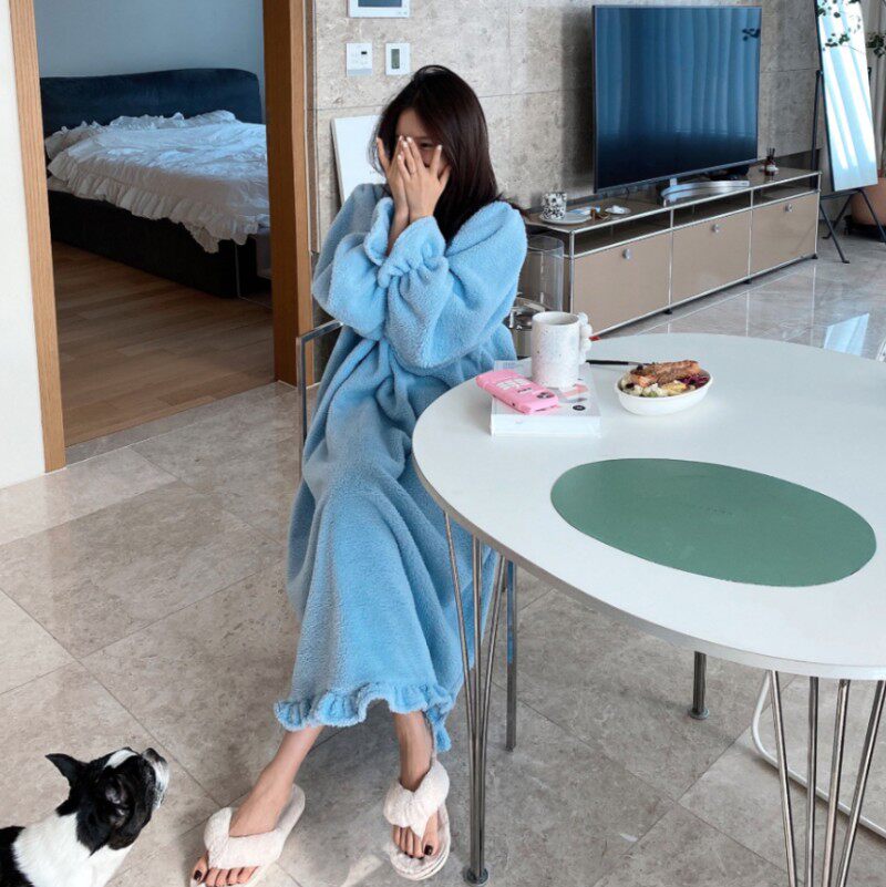 韩国白色珊瑚绒睡衣女冬季加厚可爱时尚套装法兰绒公主家居服睡裙