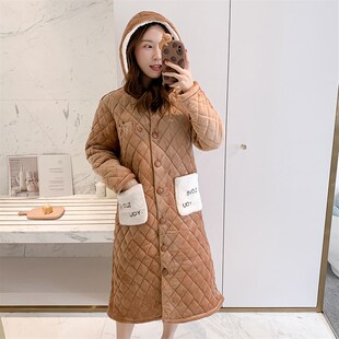 加厚三层夹棉睡袍女冬长款 冬款 加棉珊瑚绒 睡衣女2020新款 秋冬季