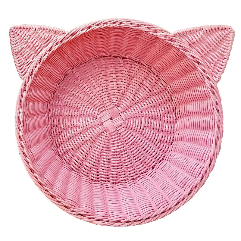 藤编可爱猫头窝 粉色四季猫窝狗窝小型犬 可洗环保宠物用品包邮