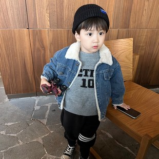 男童加绒牛仔外套秋冬新款宝宝洋气复古加厚毛毛翻领冬季保暖上衣
