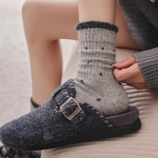 保暖袜子女秋冬款 冬天灰色堆堆袜 加厚中筒袜花边波点长袜配勃肯鞋