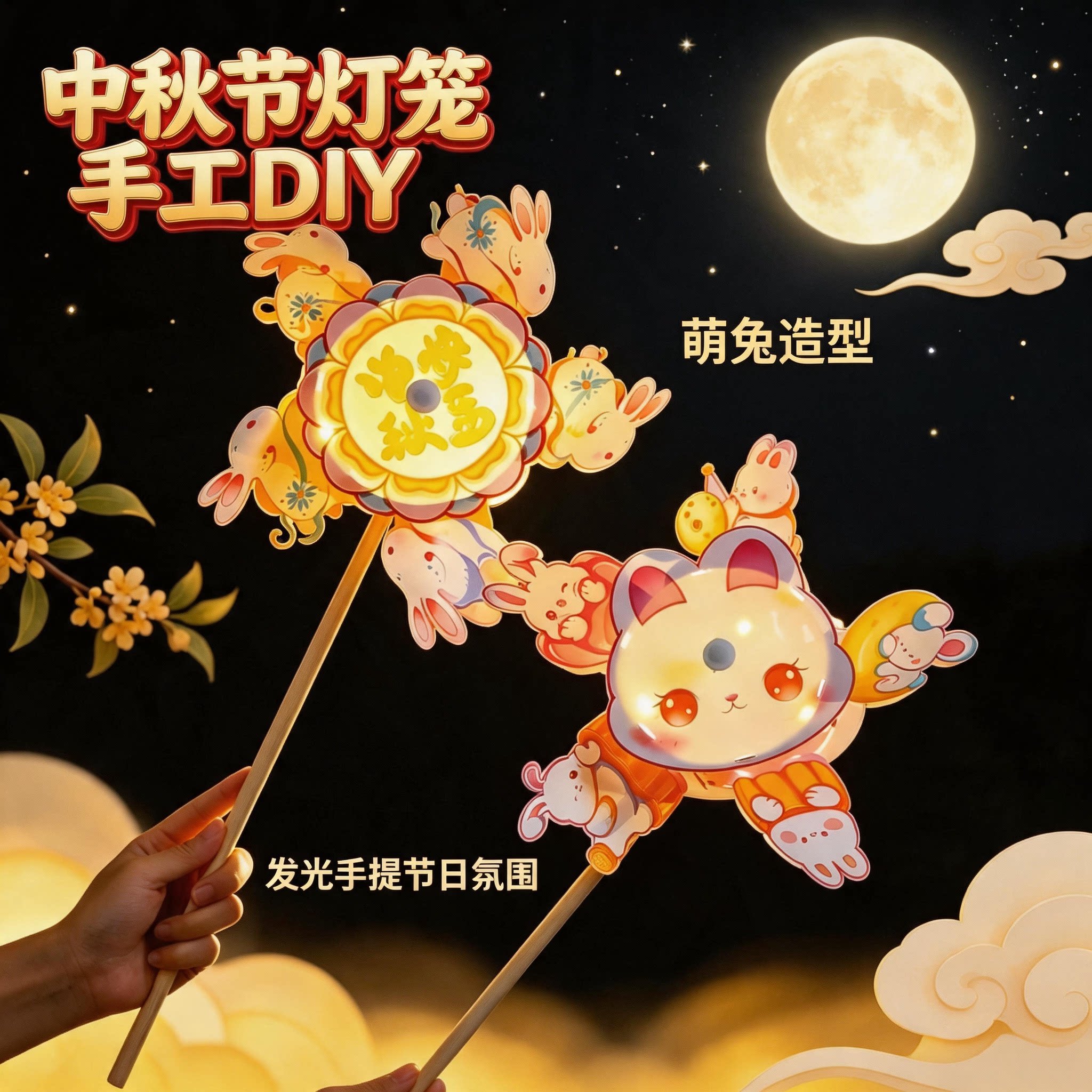 中秋节2026新款儿童户外手提兔子花灯国庆节风车灯笼手工diy材料