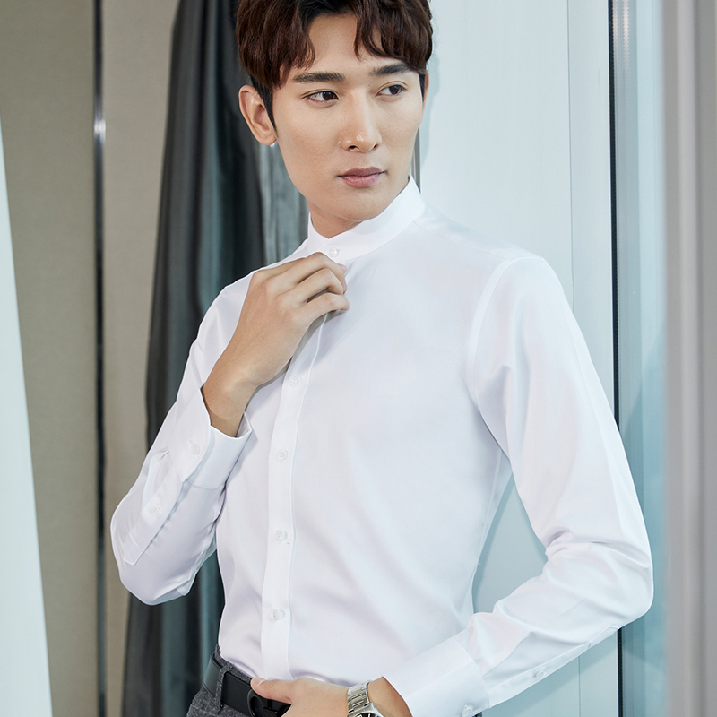 中华立领衬衫男长袖白色商务免烫无领小立领中山装男士圆领白衬衣