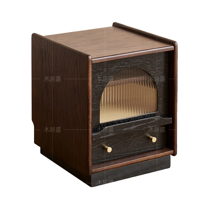 法式复古风红橡木实木床头柜卧室美式收纳床边柜小柜子家用储物柜