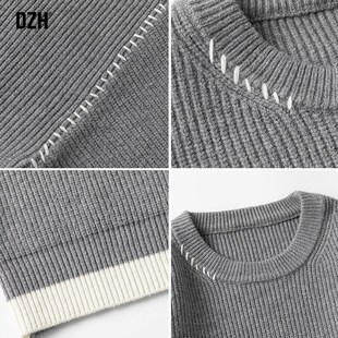 男士深灰色圆领毛衣男款冬季宽松针织衫毛线衣设计感上衣2025新款
