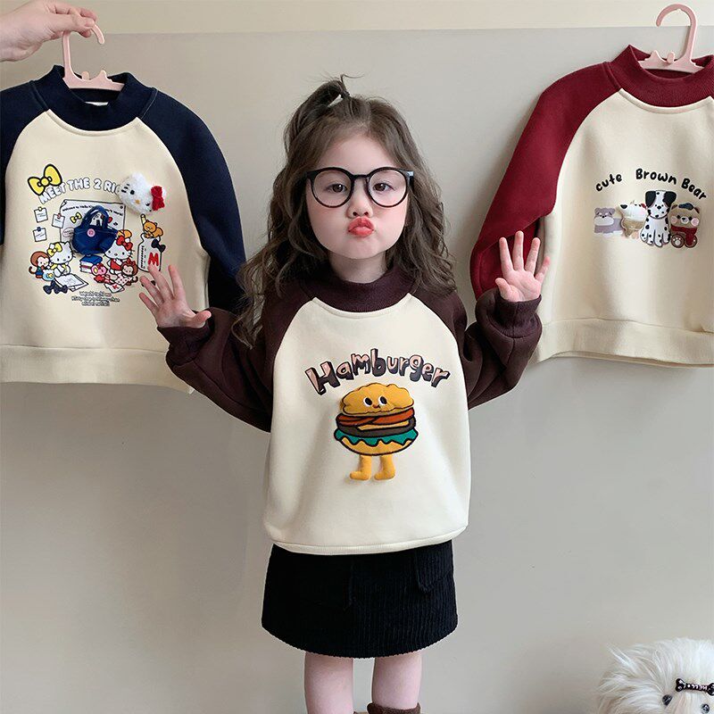 女童加绒卫衣秋冬款2024新款儿童冬装打底衫宝宝冬季加厚内搭上衣