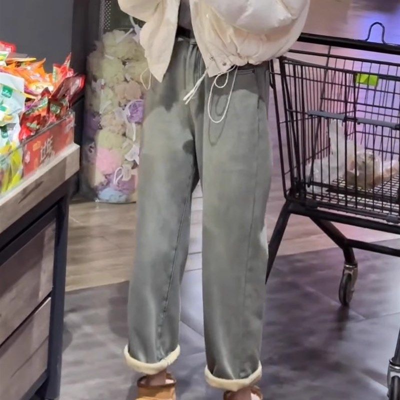 小个子加绒牛仔裤女浅蓝色加厚老爹裤冬高腰显瘦百搭窄版直筒长裤