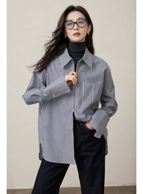 WITTYFOX博主款80支双股意大利长绒棉时髦廓形拉链条纹衬衫女长袖