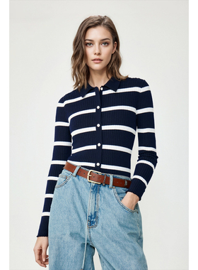 WITTYFOX2025秋季新款羊毛真丝经典条纹针织开衫毛针织衫上衣外套