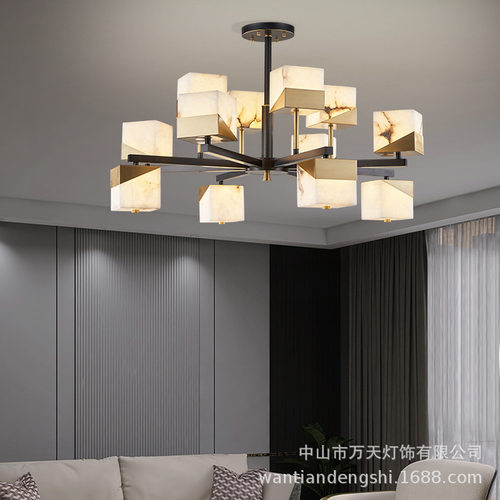 现代简约新中式全铜云石吊灯别墅复式楼客厅餐厅灯卧室酒店led灯