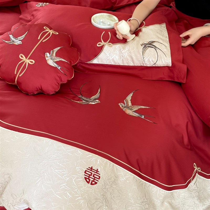 新婚国风婚庆四件套全棉刺绣提花喜字红色结婚嫁被套床单床上用品