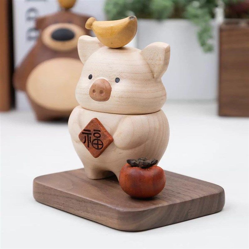 猪柿顺意牙签盒可爱p木制摆件高颜值胡桃木质精致可爱卡通家用