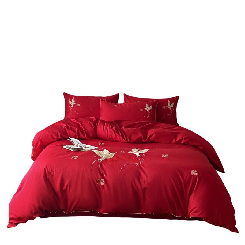 高档简约婚庆四件套红色新婚房陪嫁被套纯棉结婚床上用品婚礼喜被