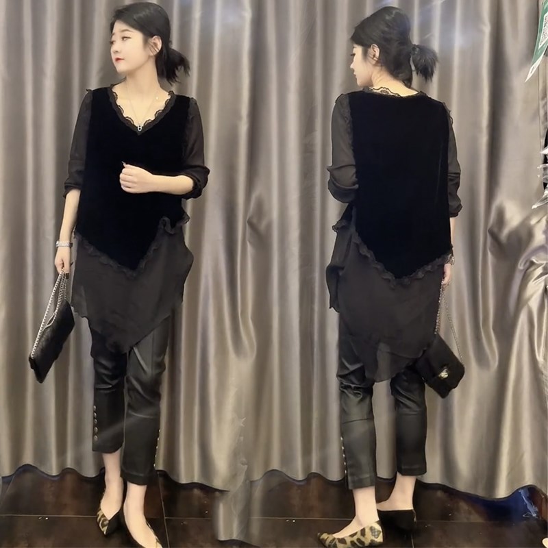 网红气质时尚套装女23r秋V领长袖中长款不规则设计感假两件打底衫