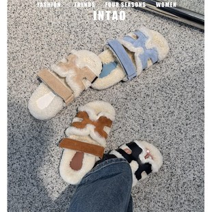 网红爆款二舅毛毛H拖鞋女外穿2025年秋冬新款厚底魔术贴加绒棉鞋