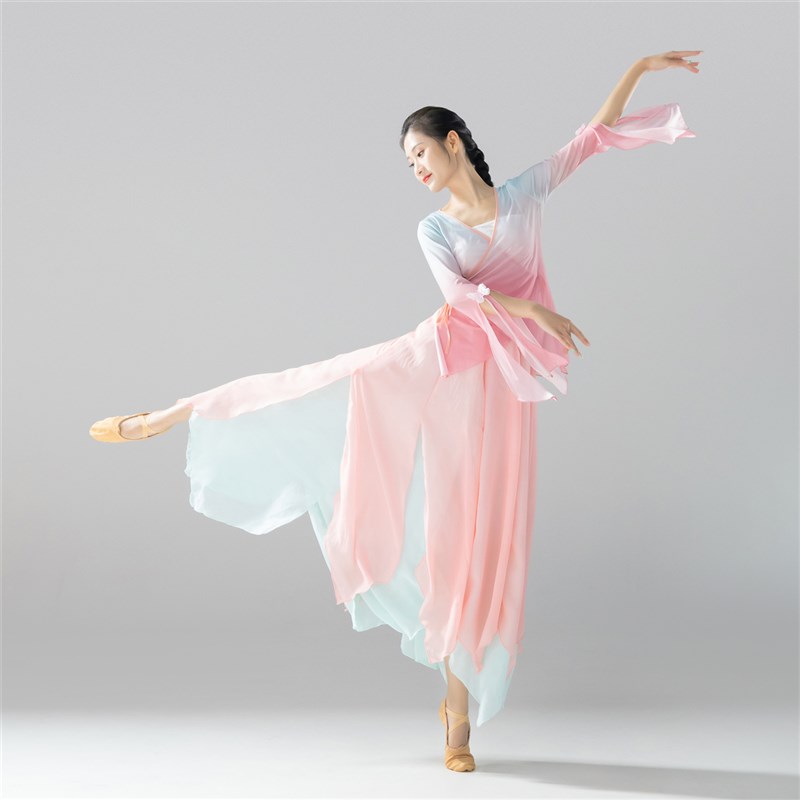 古典民族舞蹈表演出练功服装x女飘逸仙气渐变色纱衣开衫加裙裤套
