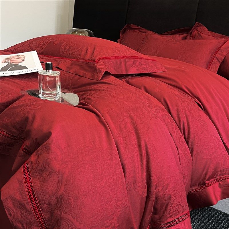 高档全棉结婚四件套大红色新房陪嫁被套纯棉婚庆床上用品婚嫁喜被