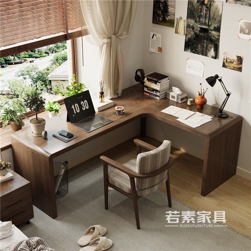 实木转角书桌卧室拐角电q脑桌学生家用l型写字桌双人办公桌电竞桌