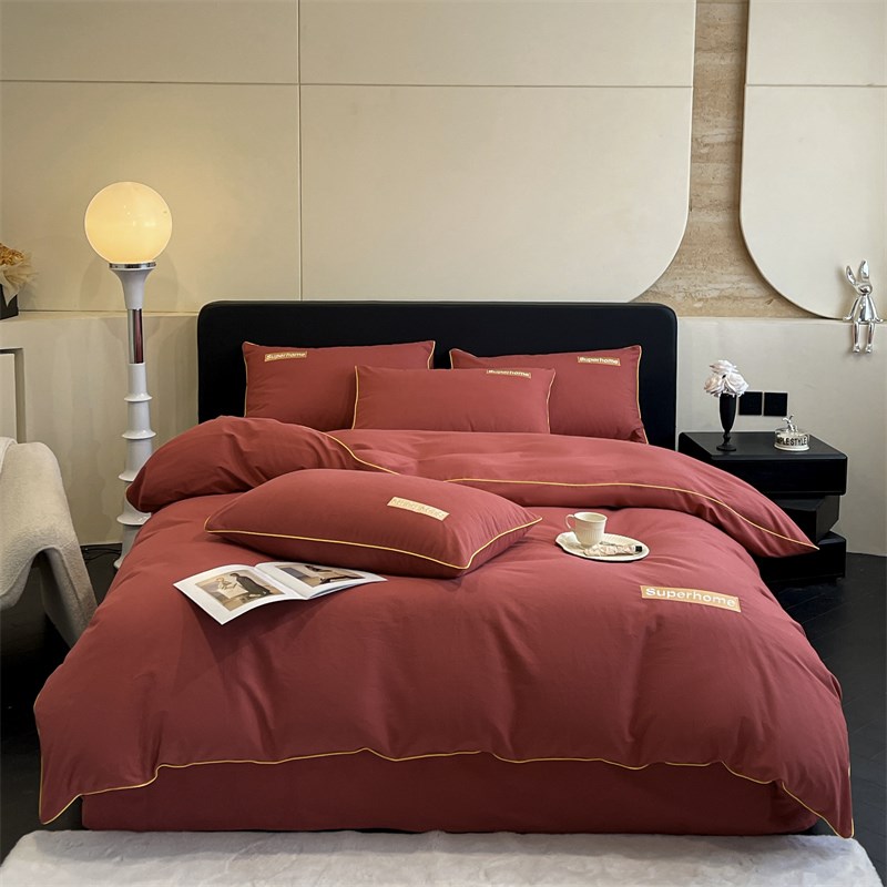 婚庆秋冬季全棉磨毛四件套酒红色加厚纯棉被套床单棉纯色陪嫁1.8