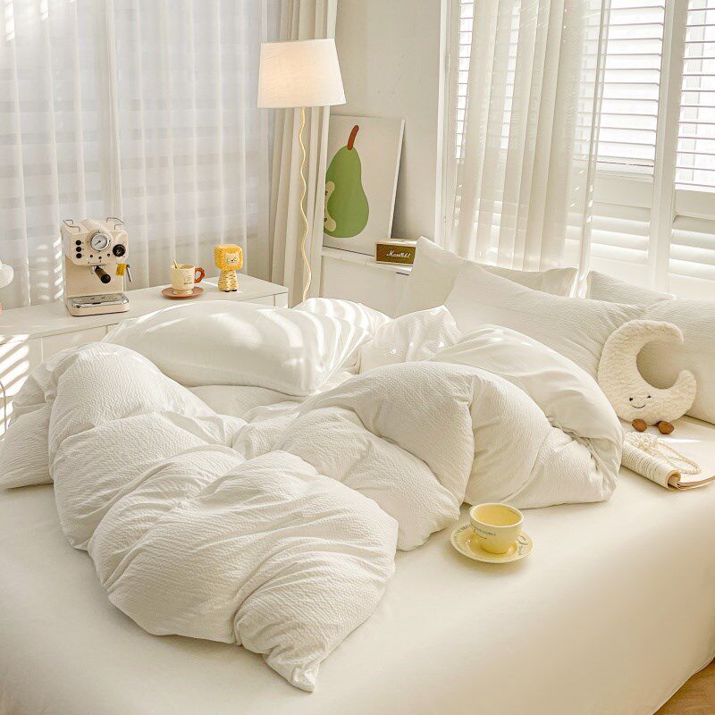 ins韩式泡泡纱四件套床上用品非全棉纯棉床单人纯白色被套三件套4