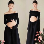 影楼新款 孕妇照服装 室内简约风高级感孕妈大肚P照黑色两件套在家