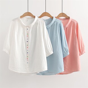 柔软透气纯棉五分袖 夏季 衬衣 女 文艺小清新彩色纽l扣双层棉纱衬衫