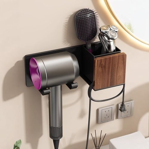 胡桃木吹风机免打孔置物架卫生间风筒支架浴室墙上收纳电吹风挂架