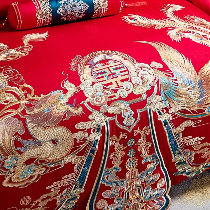 高级感120支长绒棉纯棉新婚庆刺绣大红色四件套全棉结婚床上用品
