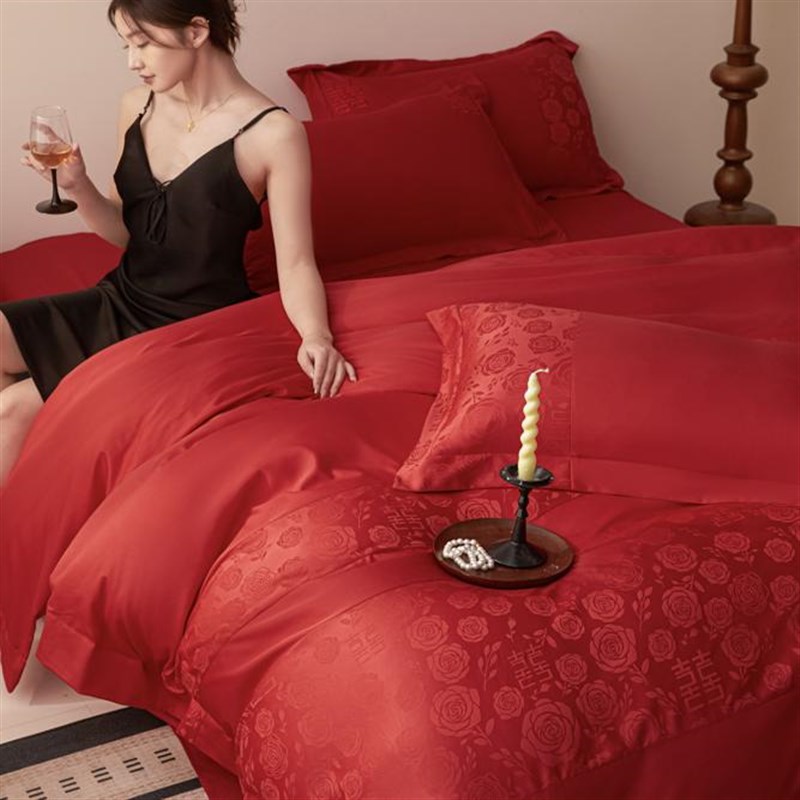 中式纯棉婚庆四件套大红色高端提花被套全棉结婚床单嫁娶床上用品