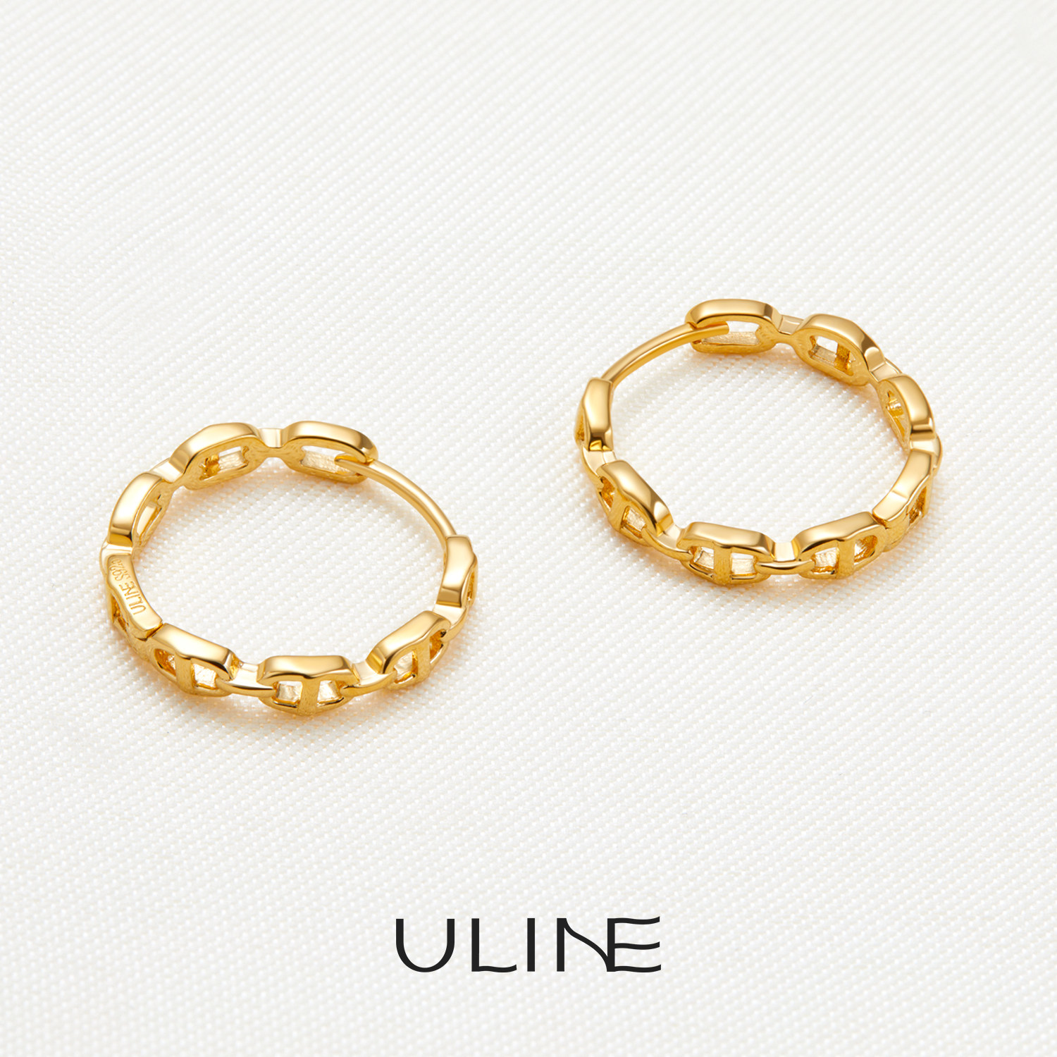 ULINE925纯银耳环银耳圈金色几何圆圈耳扣轻奢镂空耳饰简约耳坠女