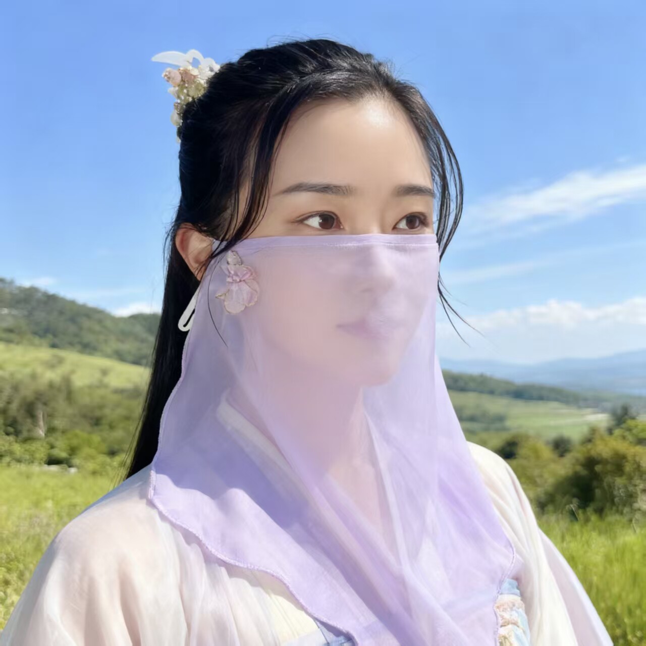 原创汉服挂耳面纱古代古风遮脸阳防晒流苏采耳店雪纺网红流苏面纱