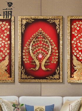 异丽东南亚泰式金箔画沙发背景墙手绘挂画客厅壁画菩提树装饰画