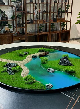 酒店新中式餐桌大圆桌盆景桌芯摆件桌花微缩景观摆台转.盘中间摆