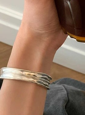 时尚个性高级宽版手环复古女开口手镯简约小众设计纯银手镯冷淡风