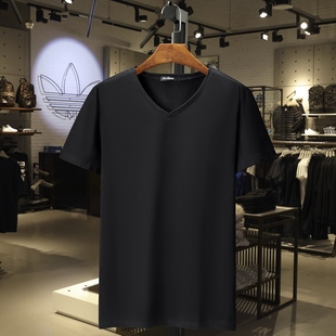 纯色青年冰瓷棉半袖 t恤男纯棉加肥加大潮男夏季 V领短袖 胖子大码