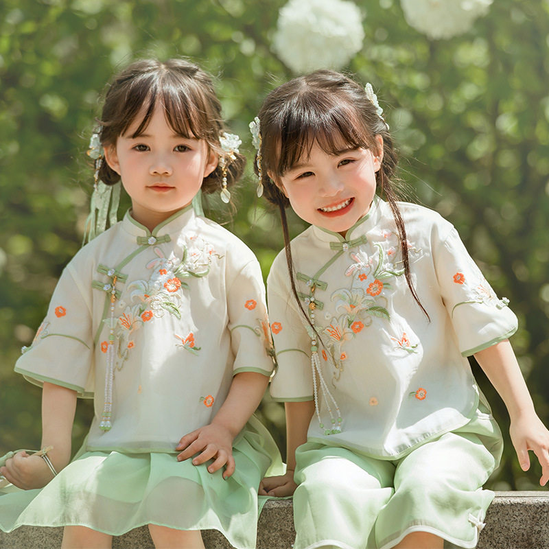 微雨 汉服女童夏款短袖中国风古装套装洋气改良旗袍儿童宝宝唐装
