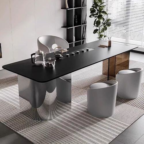 意式轻奢办公室茶桌椅组合家用阳台不锈钢茶台悬浮设计亚克力茶桌