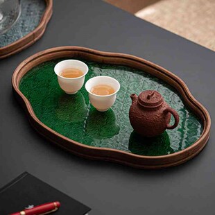 海棠玻璃壶承大茶托n盘复古竹制茶盘家用干果盘收纳盘海棠玻璃壶