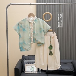 儿童装男童夏季汉服套装2024款12古风夏装15岁唐装男孩中国风服装