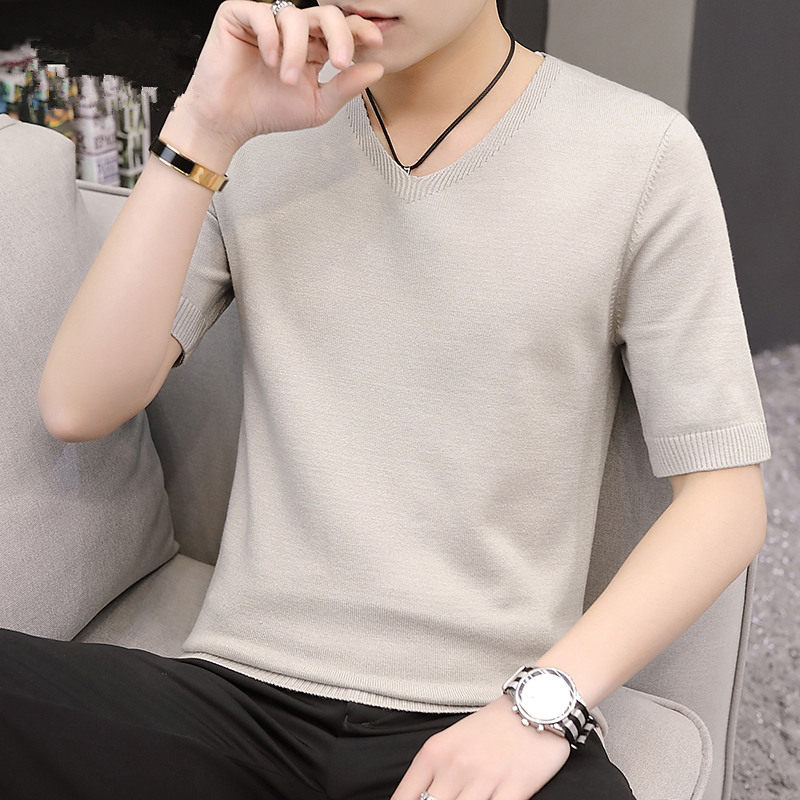短袖毛衣男韩版v领春秋季潮流打底衫青年修身2022新款半袖针织衫